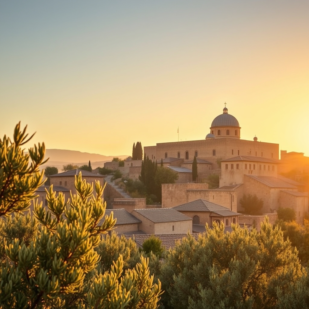 A peaceful landscape of ancient Nazareth with stone buildings and olive trees in warm sunlight.