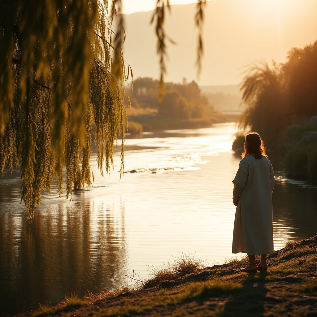 A peaceful riverside scene at golden hour with a lone figure standing by a calm river, soft sunlight through willow trees, evoking spiritual reverence and contemplation.