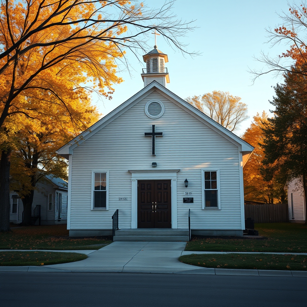 A peaceful small-town church building in autumn under golden sunlight.