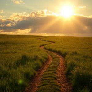 A peaceful sunlit country path through a green meadow at golden hour, symbolizing a spiritual journey forward