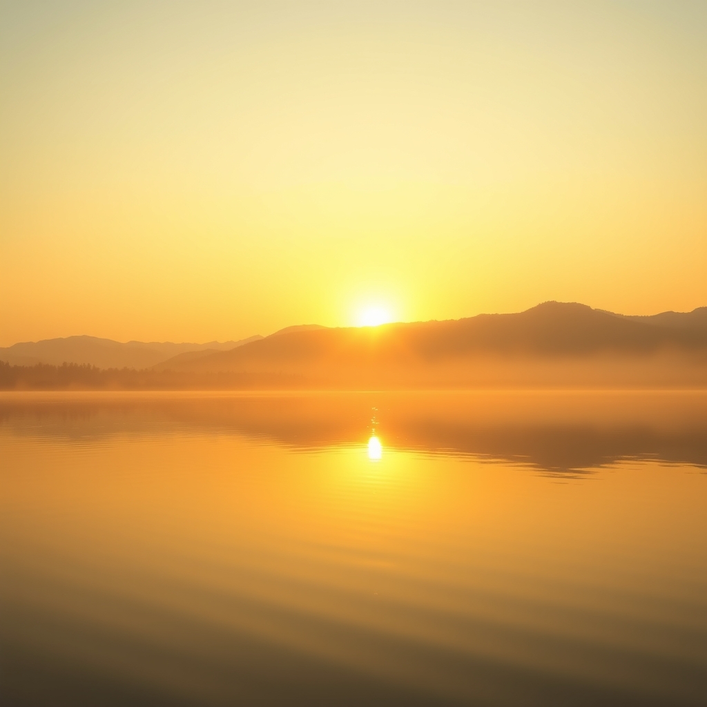A peaceful sunrise over a calm lake symbolizing new life and hope