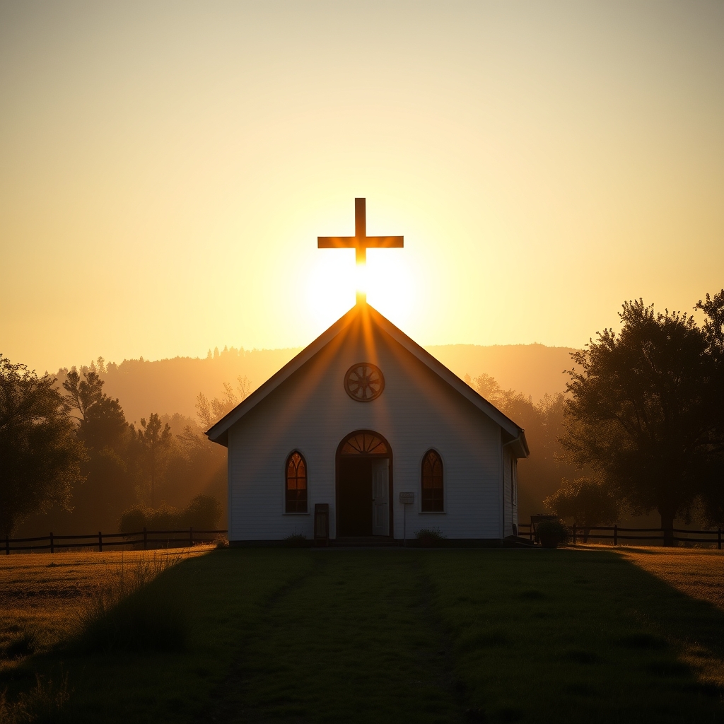 A peaceful sunrise over a countryside church with a cross silhouetted against golden morning light, conveying serenity and devotion.