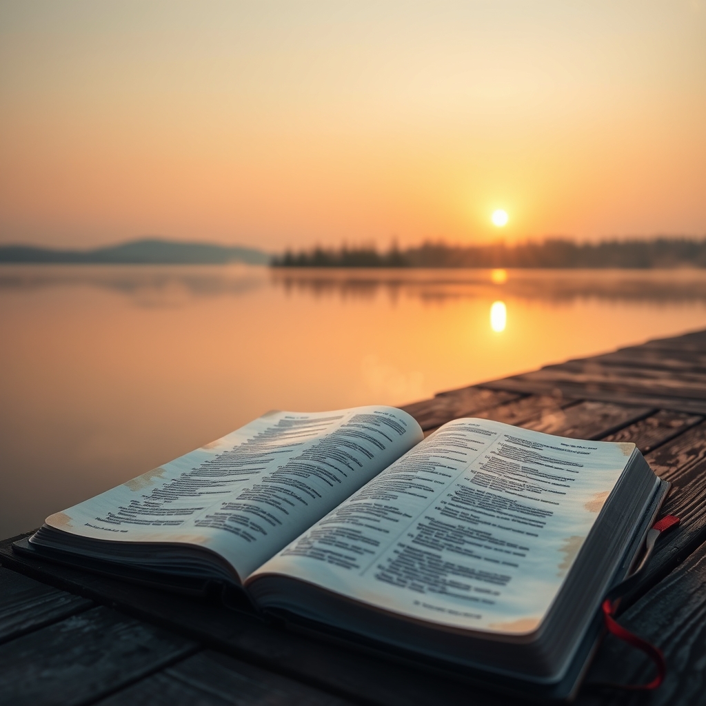 A peaceful sunrise over a lake with an open Bible on a wooden dock, symbolizing hope and spiritual reflection.