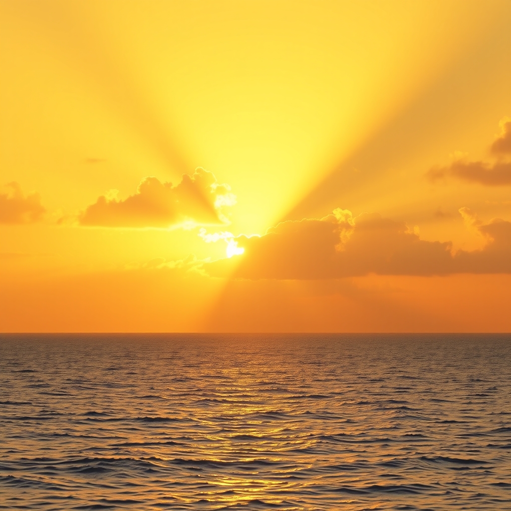 A peaceful sunrise over calm ocean waters with golden light streaming through clouds, symbolizing divine presence and hope.