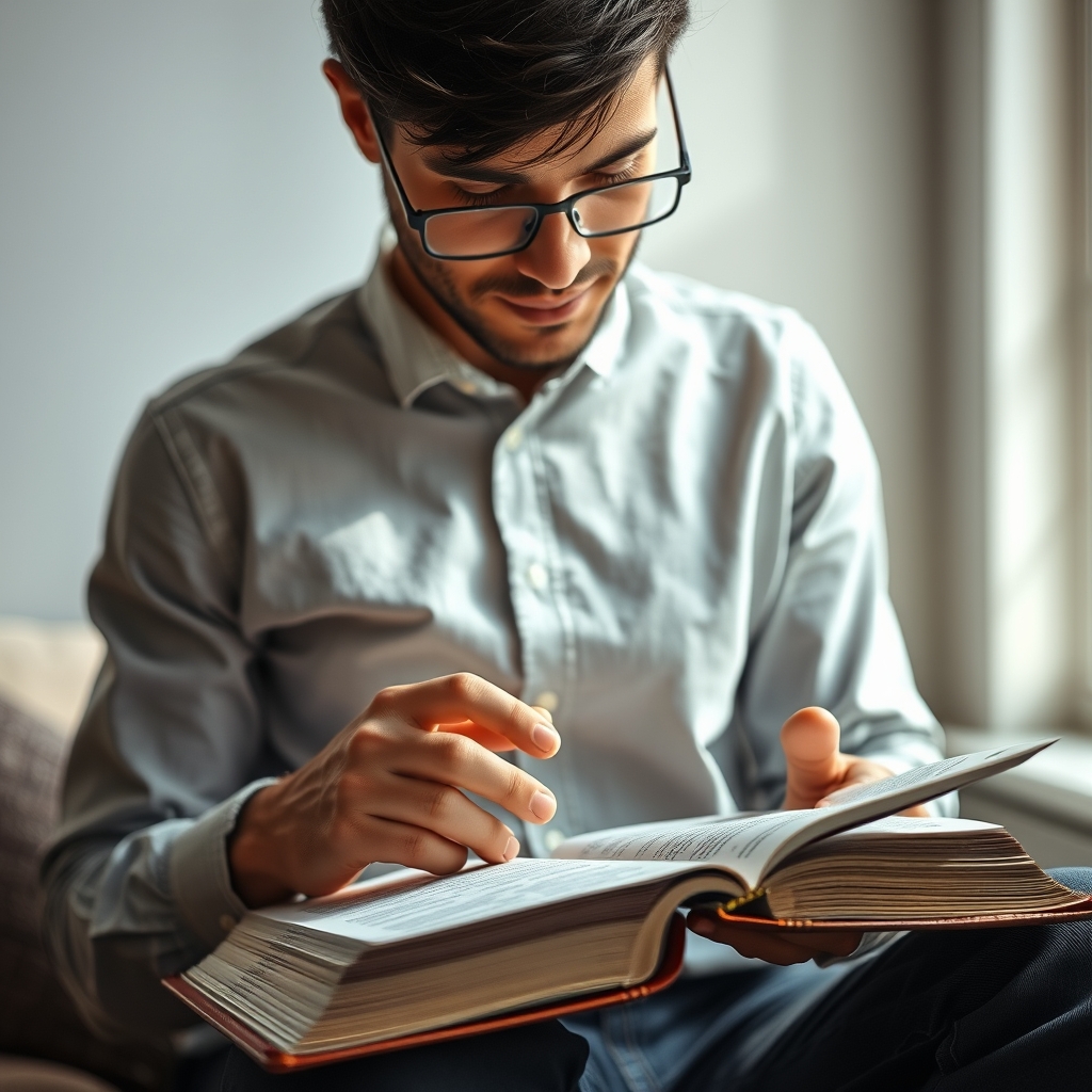 A person deeply engrossed in reading the Bible in a quiet room.