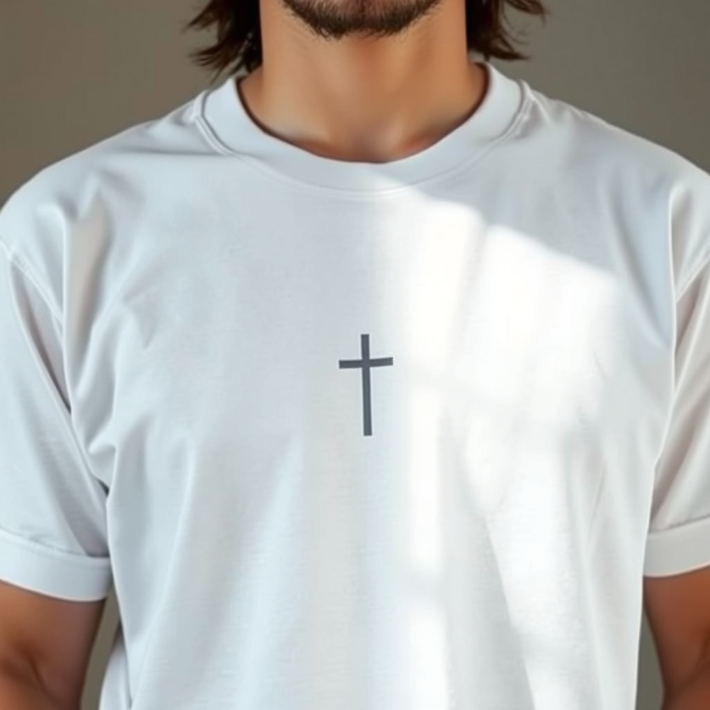 A person holding a shirt with a cross design, representing Christian merchandise and personal faith.