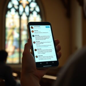 A person holding a smartphone illuminated by soft light reflecting on their face with a church window in the background, symbolizing faith and social media engagement.