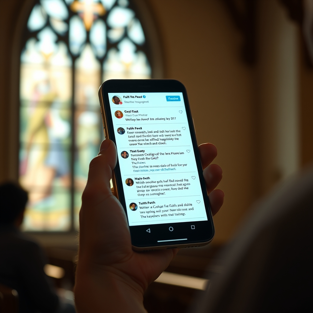 A person holding a smartphone illuminated by soft light reflecting on their face with a church window in the background, symbolizing faith and social media engagement.