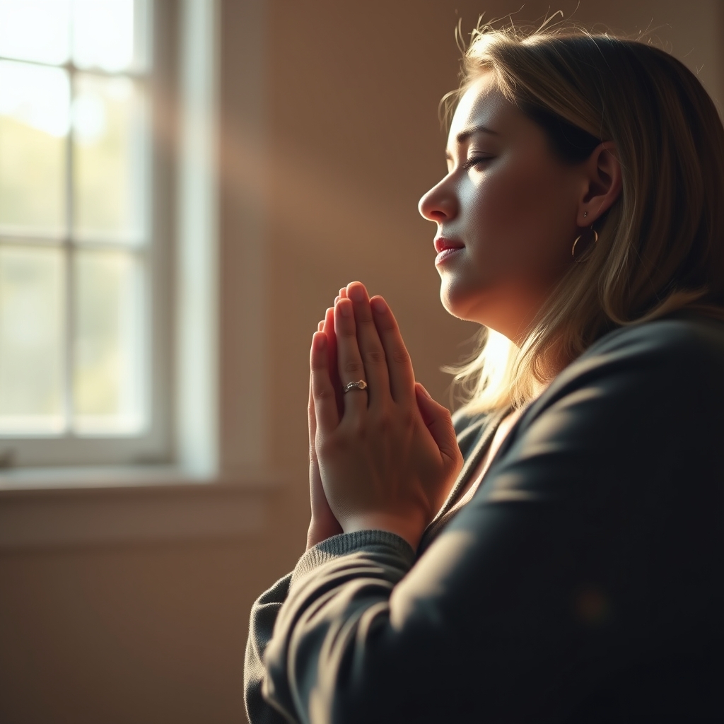A person in deep prayer with hands clasped together, soft natural light streaming through a window, warm tones, peaceful and contemplative mood.