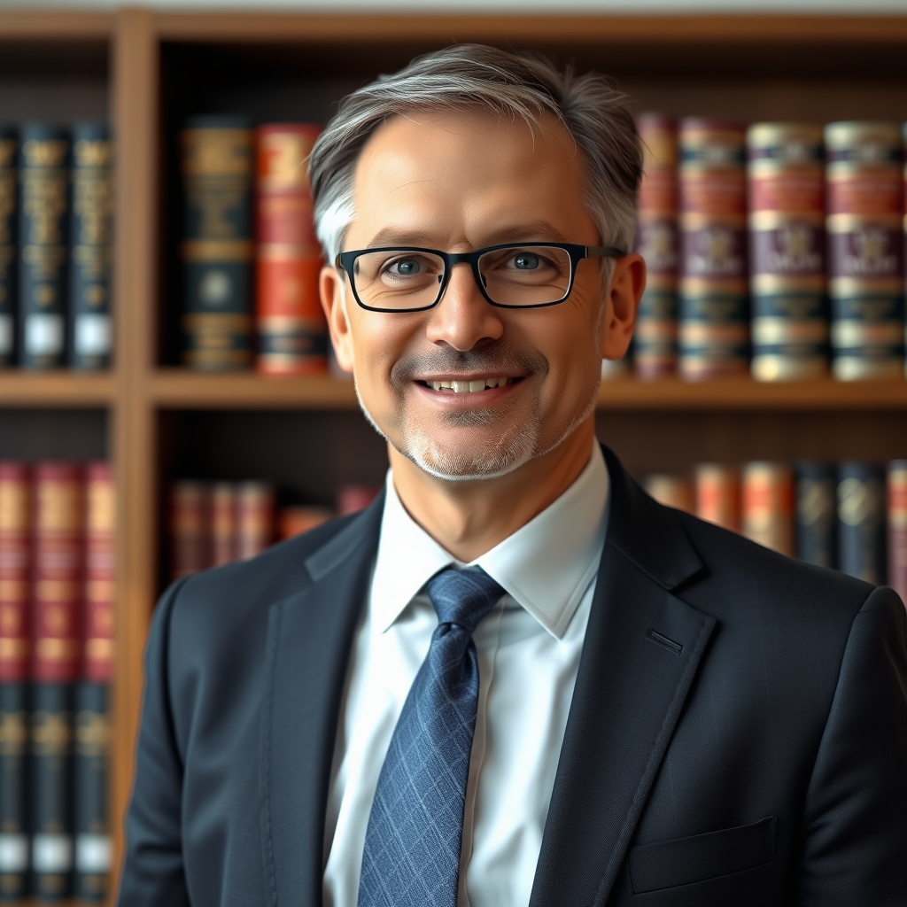 A person in professional business attire standing in front of a bookshelf with theological books, professional photography style, corporate photography, professional headshot, business environment, no artistic interpretations, no illustrations, no cartoons, no AI-looking renders