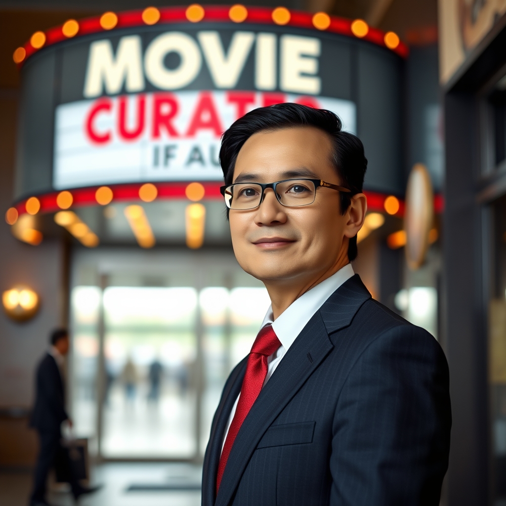 A person in professional business attire standing in front of a movie theater marquee, professional photography style, corporate photography, professional headshot, business environment, no artistic interpretations, no illustrations, no cartoons, no AI-looking renders