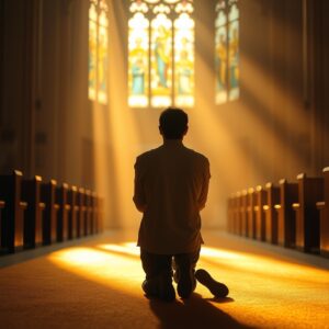 A person in quiet prayer in a church, bathed in warm light, symbolizing a personal, intimate relationship with Jesus.