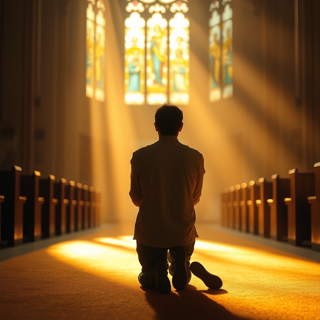 A person in quiet prayer in a church, bathed in warm light, symbolizing a personal, intimate relationship with Jesus.