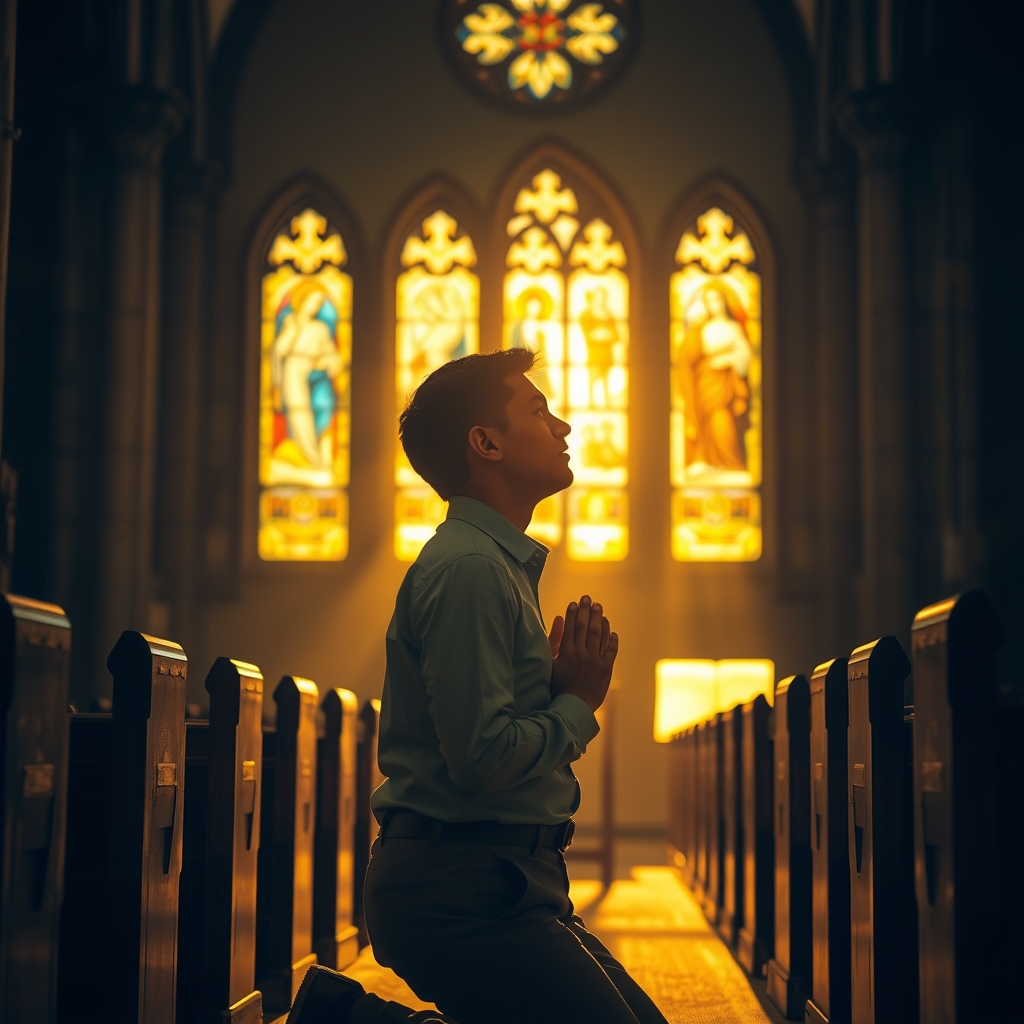 A person in quiet prayer in a softly lit church interior, bathed in warm golden light from stained glass windows, evoking a sense of intimate devotion and faith.
