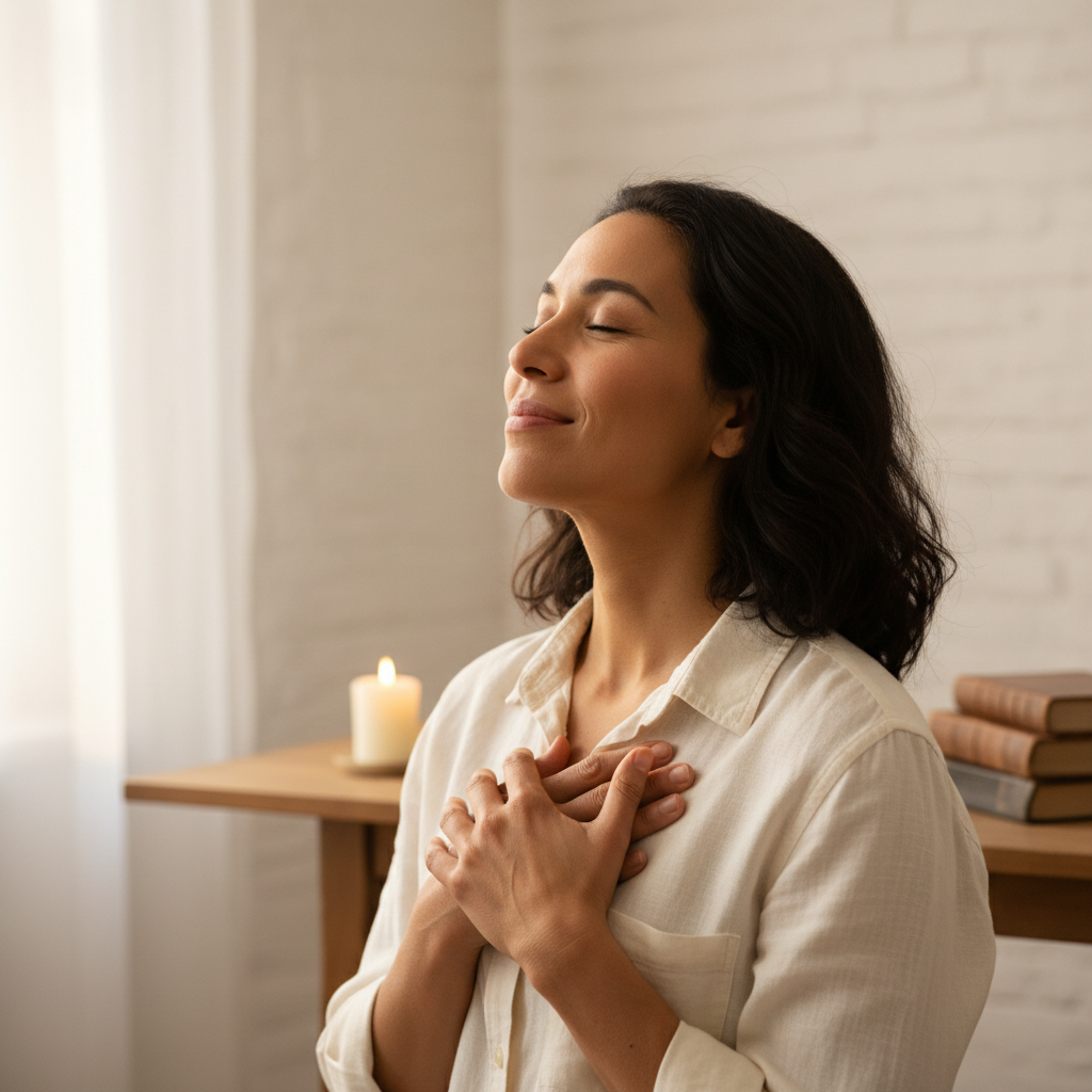 A person in serene contemplation with eyes closed, reflecting spiritual peace and new understanding.