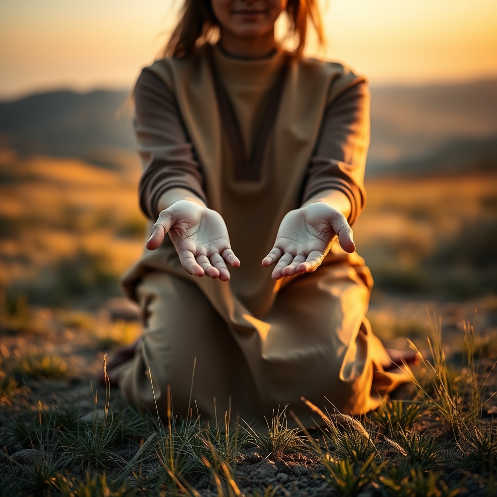 A person kneeling at dawn on a peaceful landscape with palms open in a moment of surrender and completion.