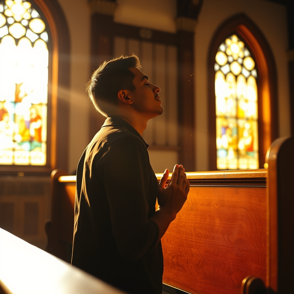 A person kneeling in prayer in a church with stained glass windows, bathed in warm light, conveying deep peace and intimacy with God.