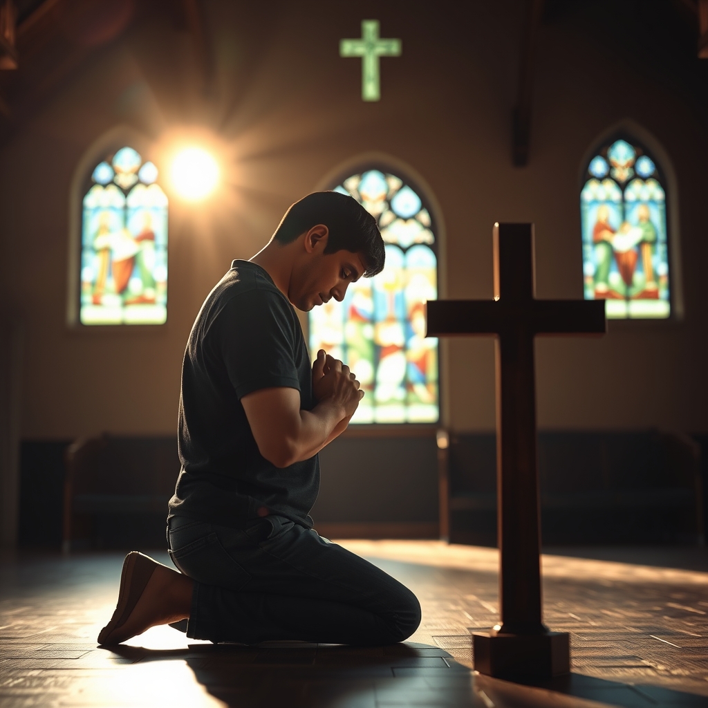 A person kneeling in prayer in a dimly lit church, with hands clasped and a wooden cross in the background, conveying humility and devotion.