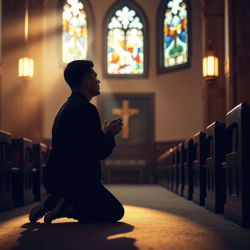 A person kneeling in prayer in a quiet chapel with soft light streaming through stained glass, conveying deep personal faith and reflection.