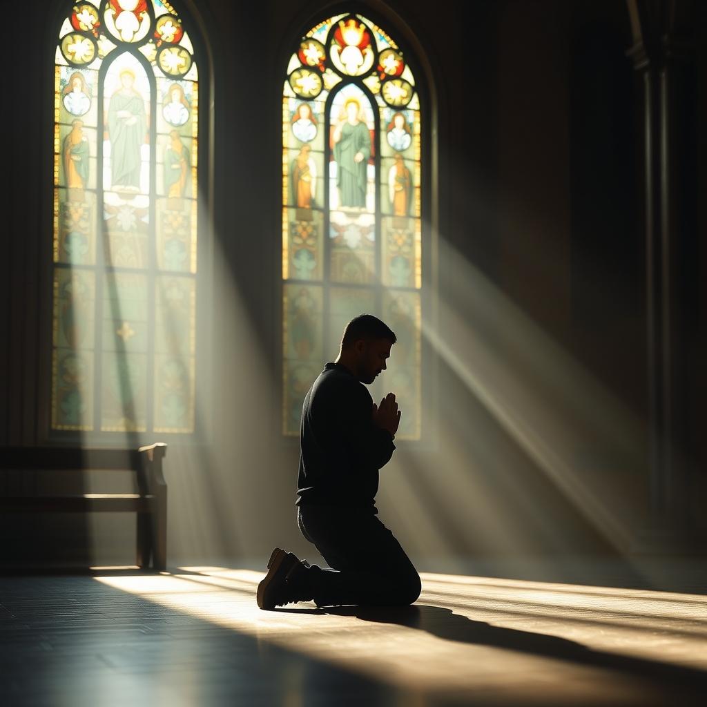 A person kneeling in prayer in a serene chapel with soft light filtering through stained glass.