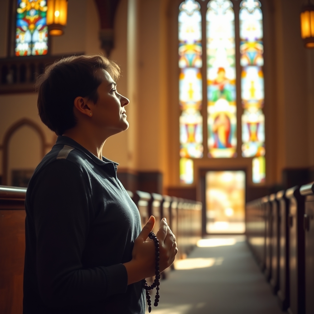 A person kneeling in prayer in a softly lit church, holding rosary beads with stained glass light filtering through windows