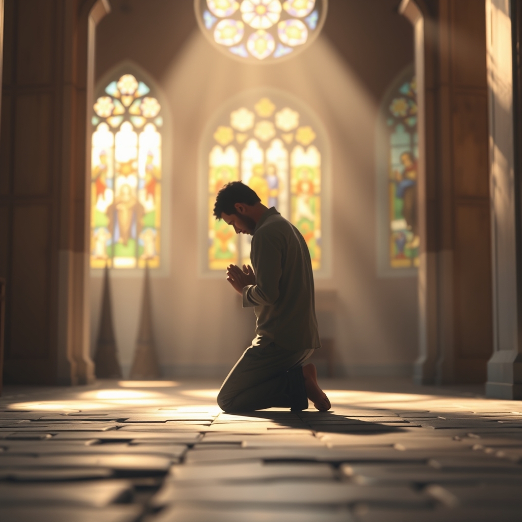 A person kneeling in prayer in a sunlit chapel with stained glass windows.