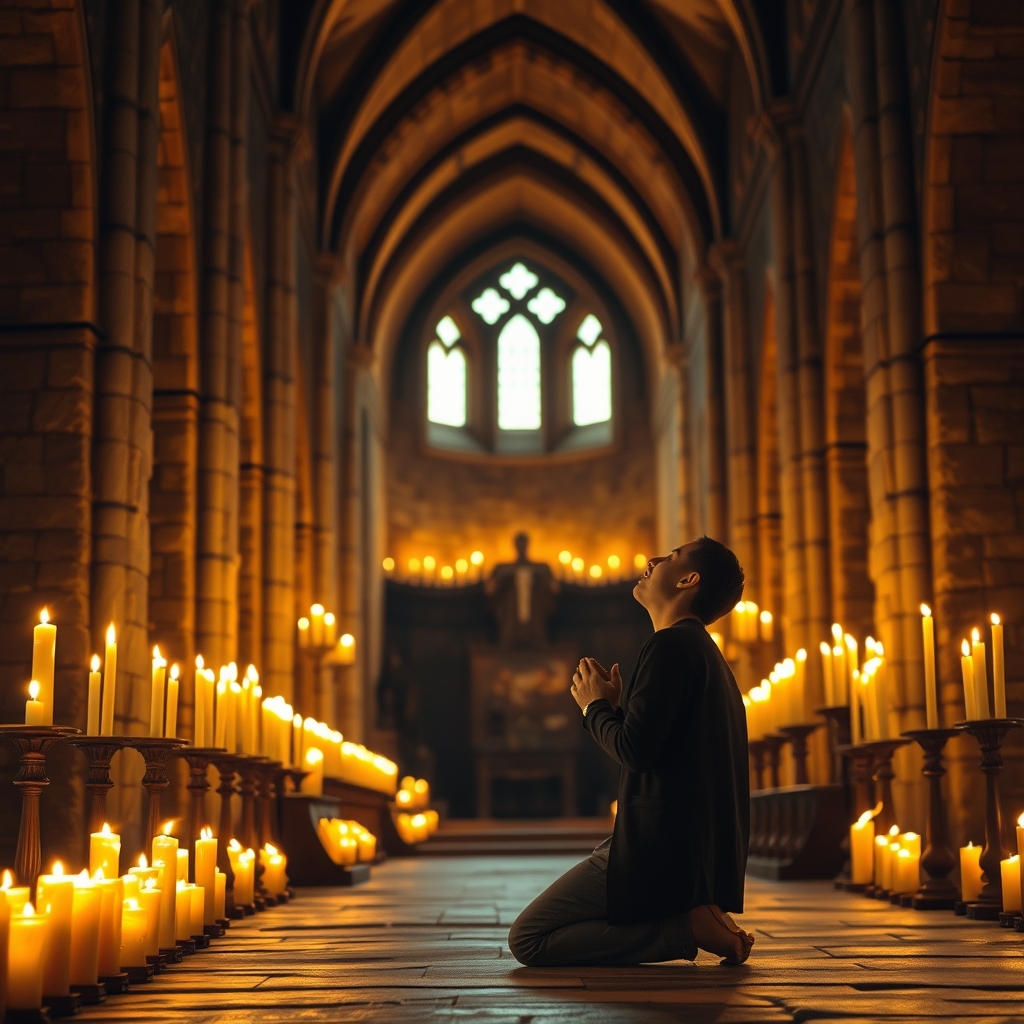 A person kneeling in prayer inside a candlelit stone cathedral with warm golden light illuminating the ancient walls.