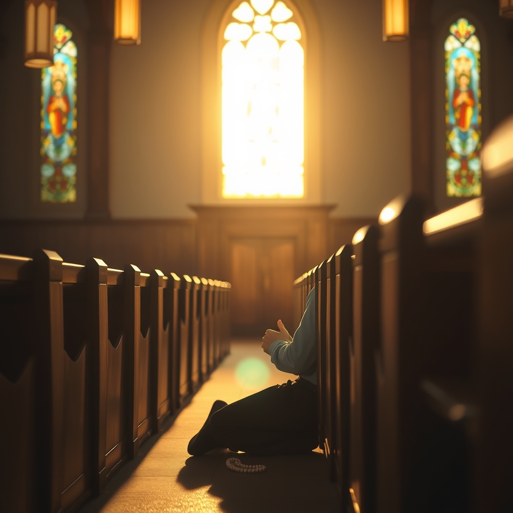 A person kneeling in prayer inside a quiet, warmly lit Catholic church with stained glass windows at golden hour