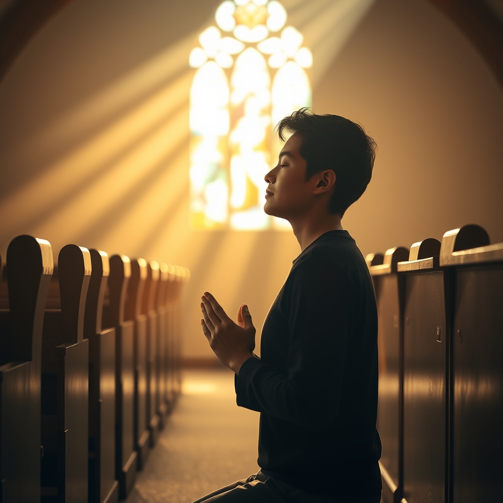 A person kneeling in quiet prayer inside a softly lit chapel with stained glass windows casting warm colored light.