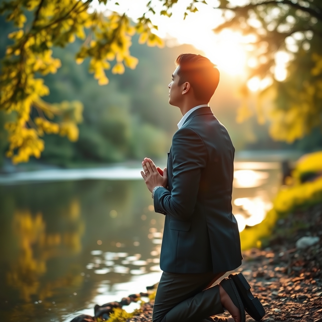 A person kneels in prayer beside a tranquil river during golden hour, hands clasped, face gently lit by warm sunlight filtering through overhanging trees, captured in a photorealistic, professional photography style