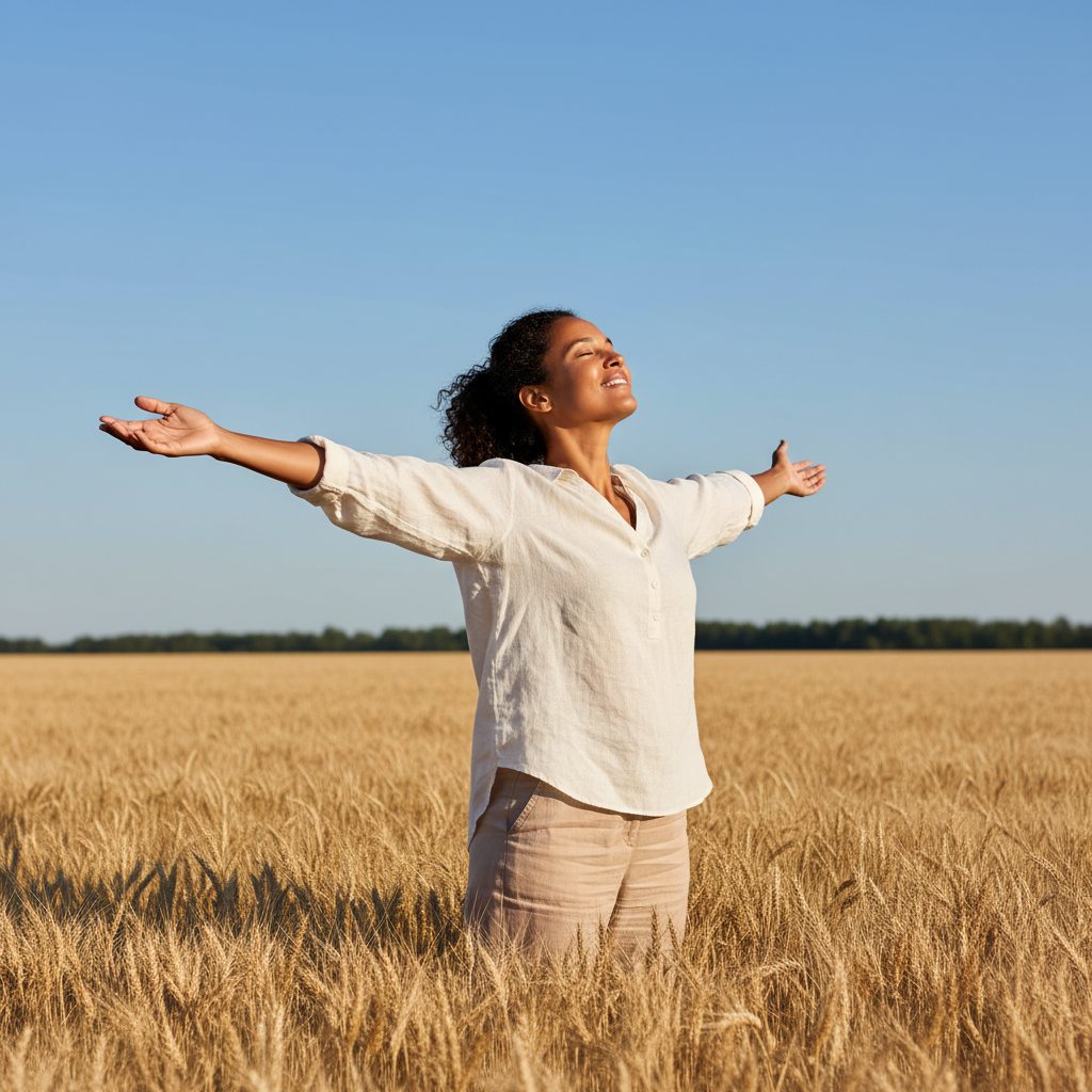 A person looking skyward with a joyful and relieved expression in a bright, open outdoor setting, symbolizing true freedom.