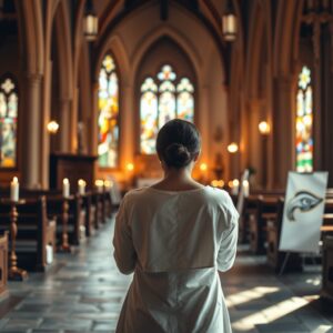 A person praying in a church with stained glass windows and candles, conveying a sense of peace and spiritual devotion.