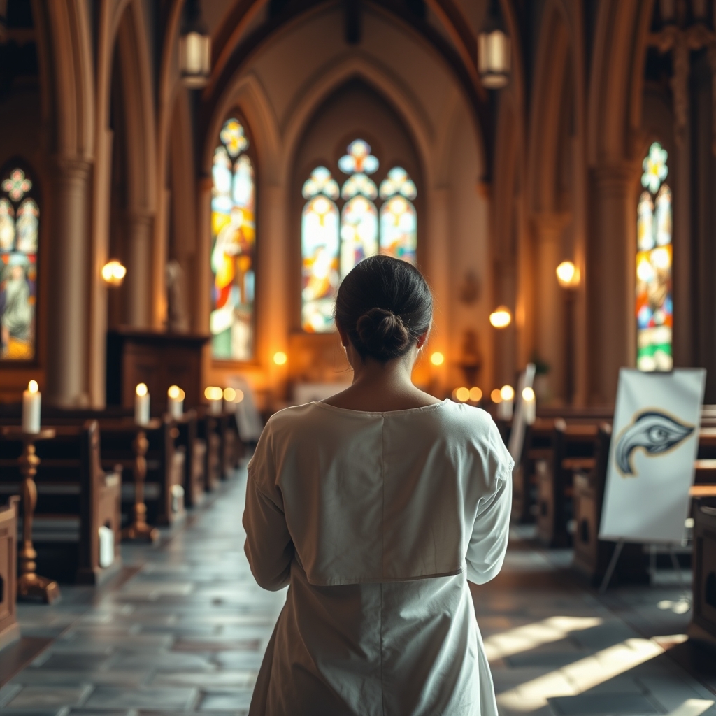 A person praying in a church with stained glass windows and candles, conveying a sense of peace and spiritual devotion.