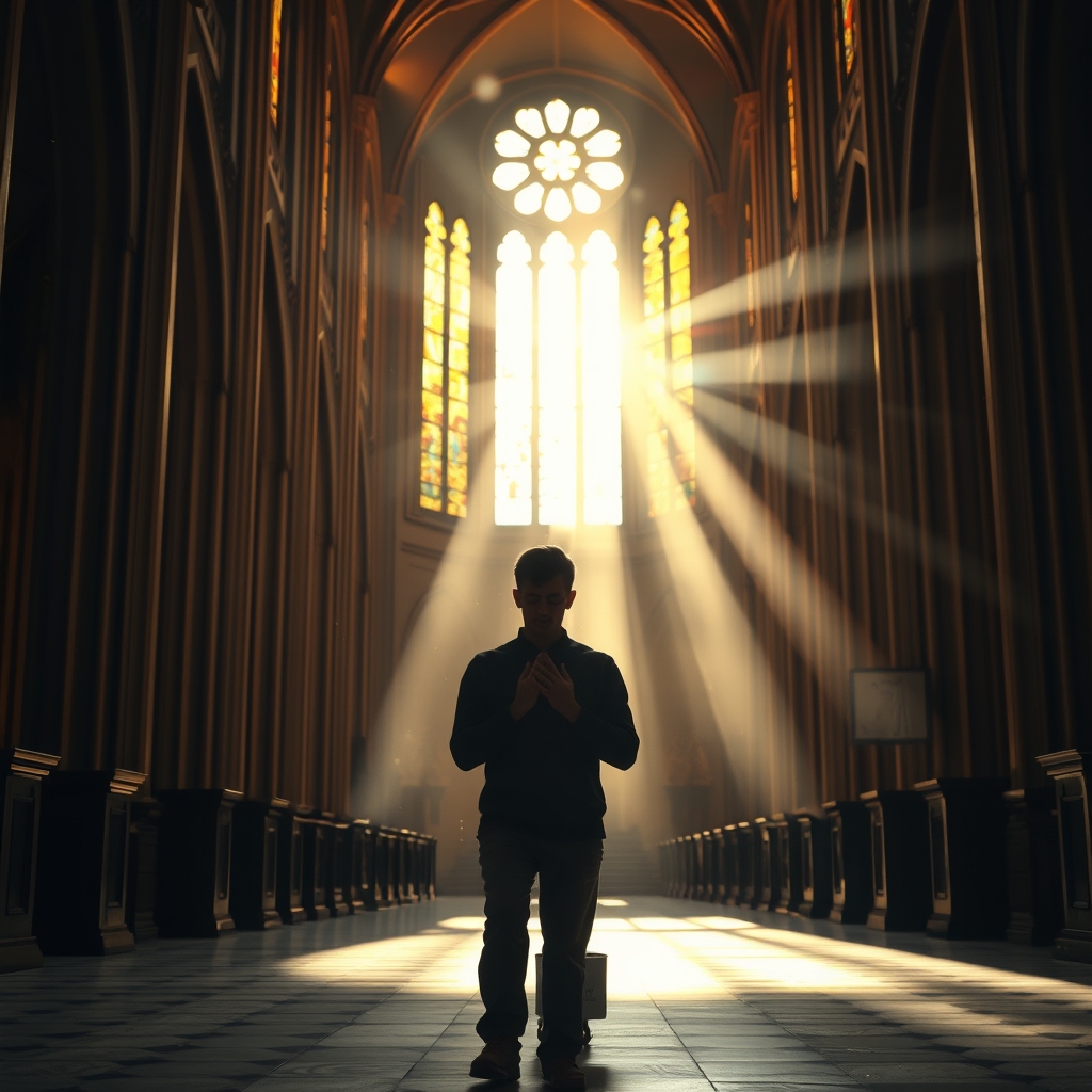 A person praying in a sunlit cathedral with golden light streaming through stained glass windows.