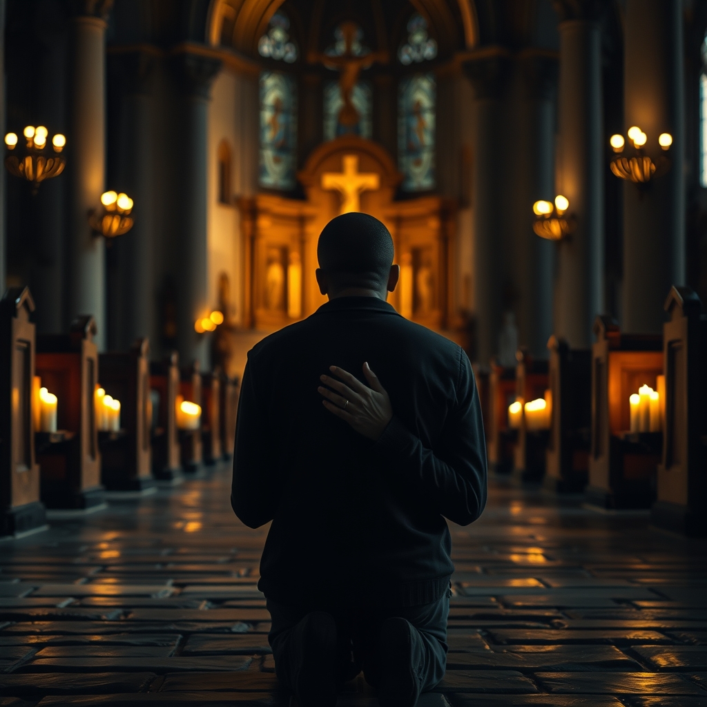 A person praying reverently inside a softly lit Catholic cathedral, hands clasped, surrounded by candlelight and wooden pews, symbolizing devotion and trust in Jesus Christ.