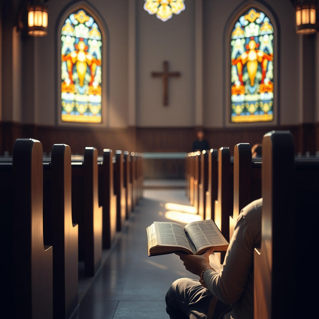 A person reading a Bible in a quiet church with stained glass windows.