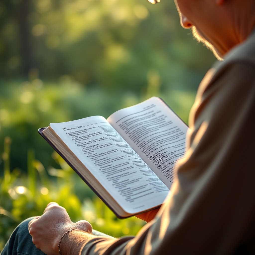 A person reading a Bible in a serene outdoor setting with soft morning light, greenery in the background, contemplative and educational mood