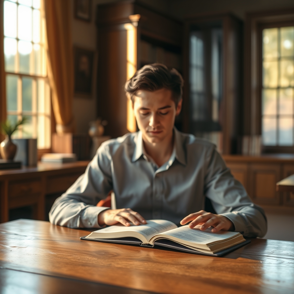 A person reading a Bible in a warmly lit study with golden light streaming through a window, professional photography style, peaceful and contemplative mood, professional headshot style composition, business environment, no artistic interpretations, no illustrations, no cartoons, no AI-looking renders