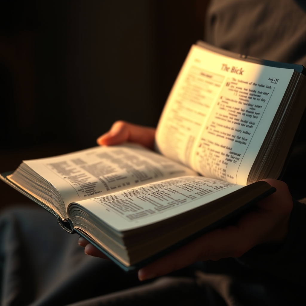 A person reading a Bible in warm ambient lighting.
