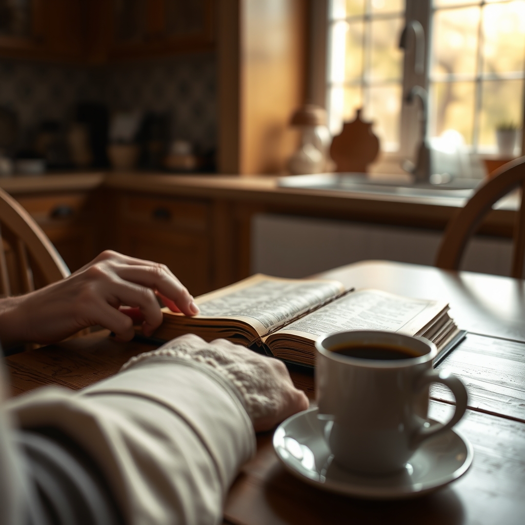 A person reading the Bible in a cozy kitchen with morning light, conveying daily faith.