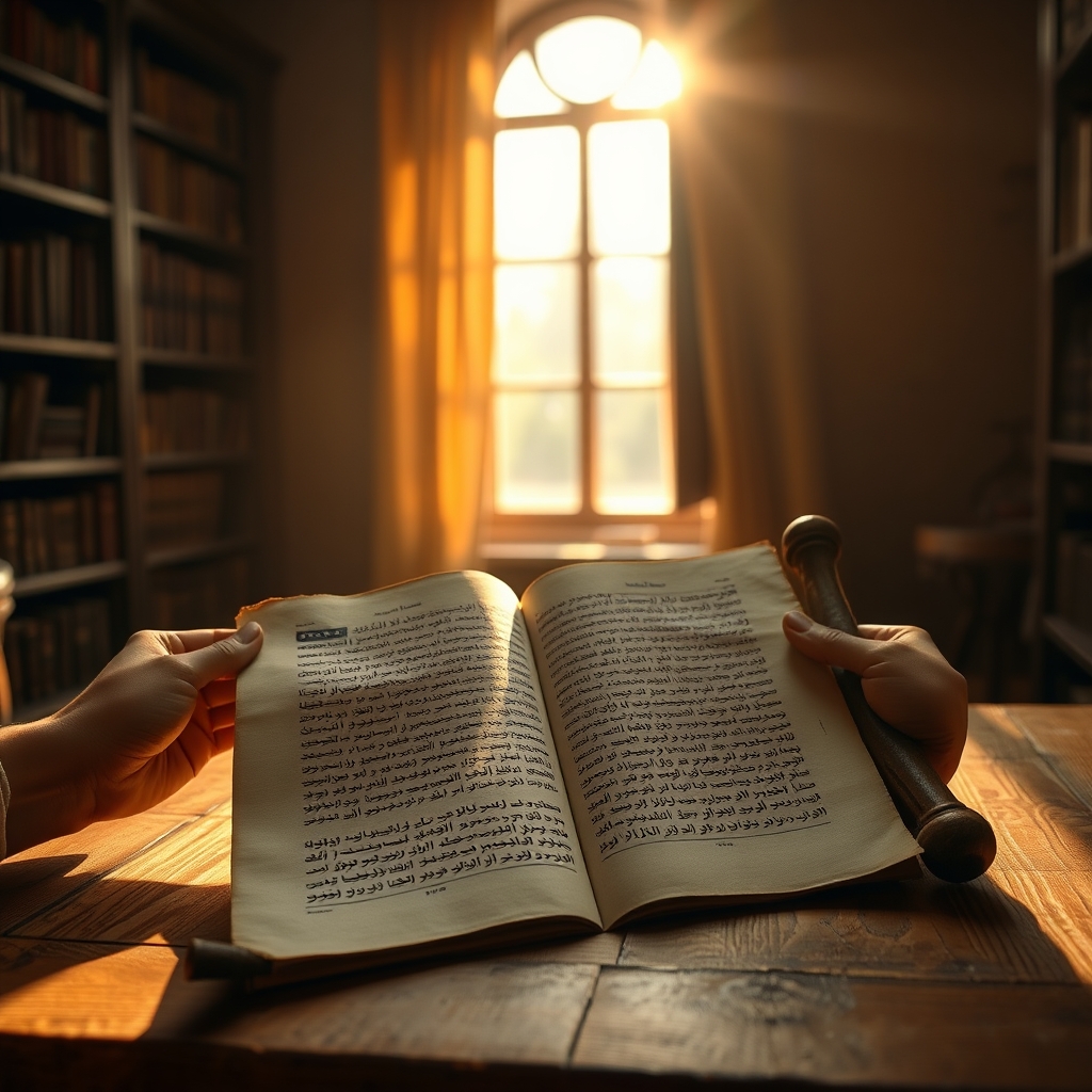 A person's hands holding an open ancient Hebrew Bible scroll with calligraphy, illuminated by warm sunlight in a peaceful study room.