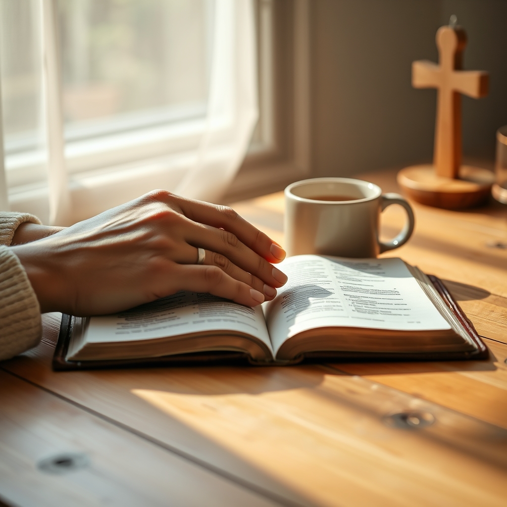A person's hands holding an open Bible on a wooden table with soft morning sunlight, a mug and a small cross visible in the warm, peaceful background