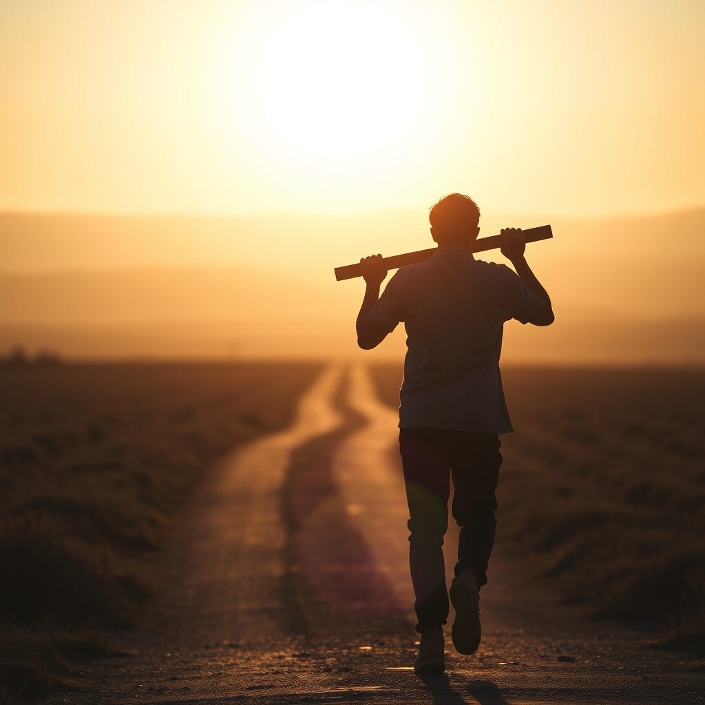 A person's silhouette carrying a wooden cross while walking along a path at sunrise.