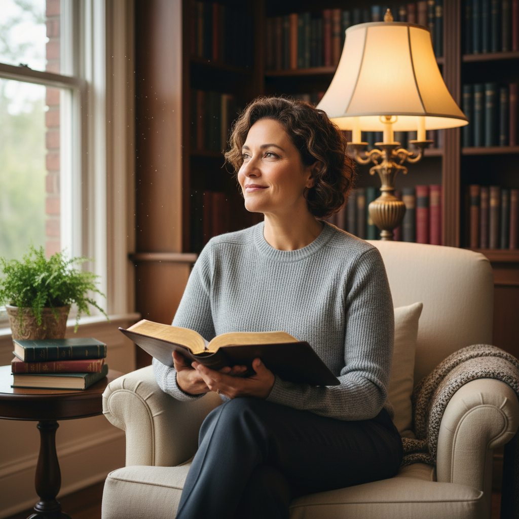 A person seated with an open Bible, looking thoughtful and contemplative, symbolizing the understanding of a deep spiritual truth.