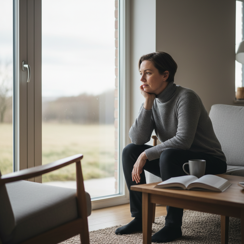 A person sits thoughtfully looking out a window, reflecting on life's deeper questions.