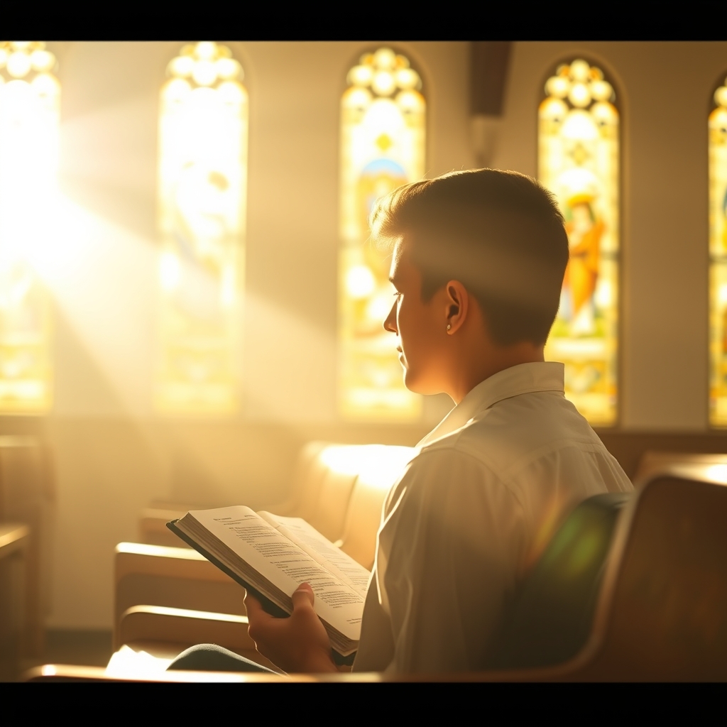 A person sitting in a church pew reading a Bible with soft stained glass light, peaceful and reverent atmosphere