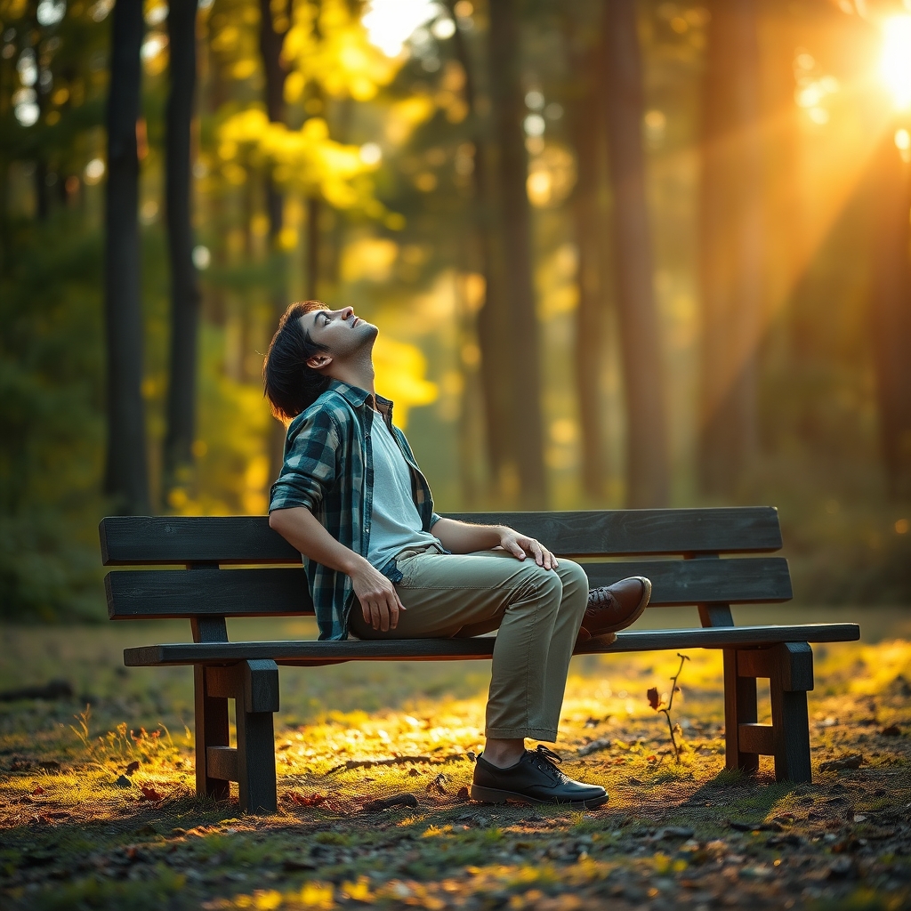 A person sitting peacefully on a wooden bench bathed in golden sunlight through trees, looking upward in quiet reverence