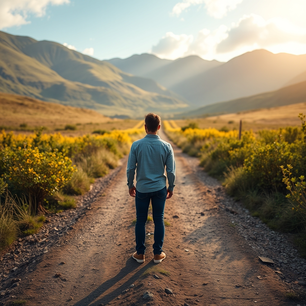 A person standing at a crossroads in a natural landscape.