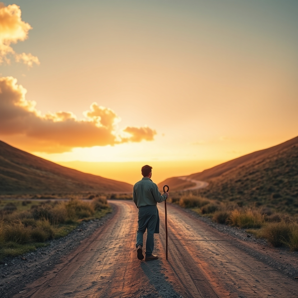 A person standing at a crossroads on a dusty path at golden hour, holding a walking staff and looking toward a distant horizon, symbolizing the journey of discipleship.