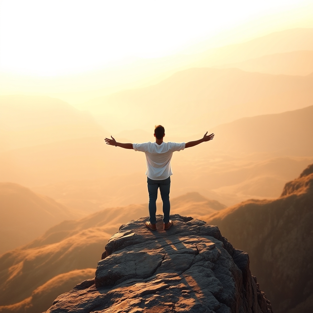 A person standing at a peaceful landscape at sunrise, arms outstretched, experiencing spiritual freedom and connection with God's creation.